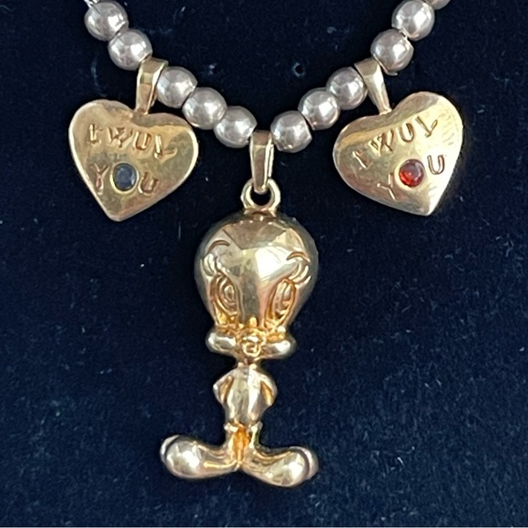 Rare Tweety bird & “TWUV YOU” gold plated sterling silver charm pendant & chain - Picture 2 of 6